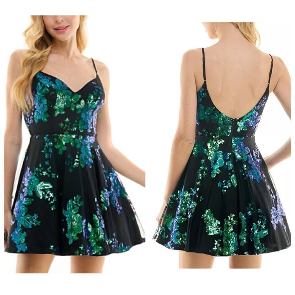 CIty Studios Juniors' V-Neck Sequinned Fit & Flare Dress Sz 7/8 Green Black